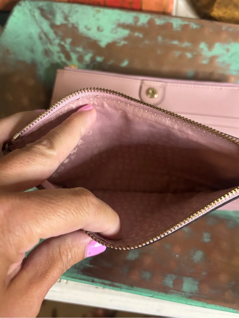 kate spade Pink Pebbled Leather Wristlet Clutch with Gold Logo